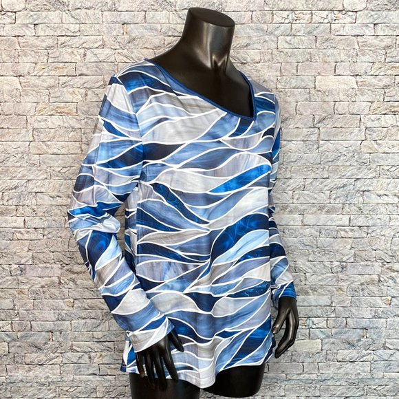 Noracora NWT Abstract Print Blouse Size Small Asymmetrical Neckline Long Sleeve - Picture 3 of 7